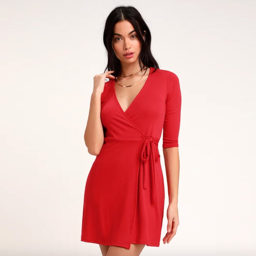 Lulu's All At Once Red Three-Quarter Sleeve Wrap Dress